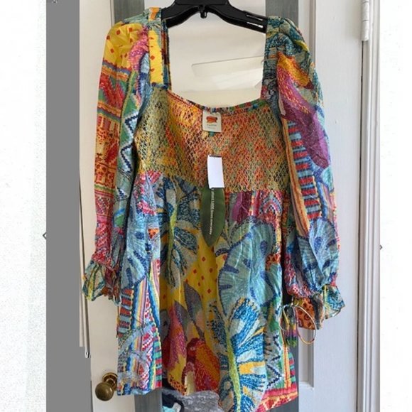 Farm Rio Summer Tapestry Smocked Minidress Artsy Tropical Cottagecore Dopamine - Picture 7 of 13